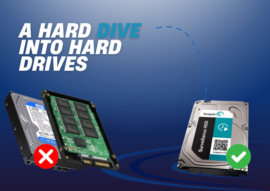 blue background with a white light at the top, the words "a hard dive into hard drives" in the top left coner, the bottom half of the screen has an HDD, SSD and a surveillance rated hard drive on it.