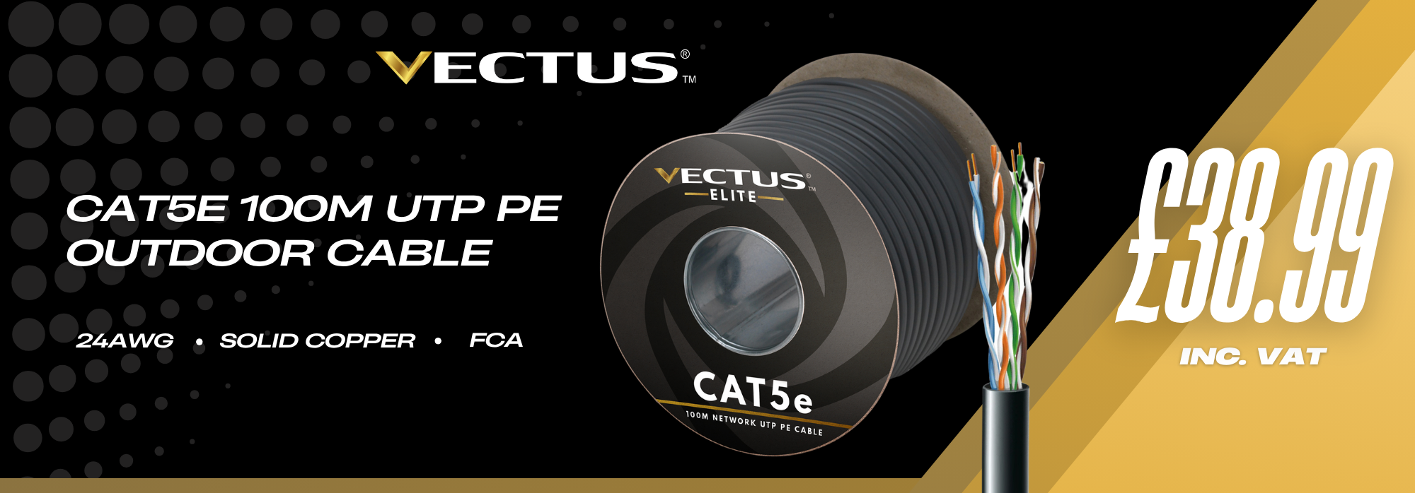 Vectus CAT5e cable packaging with pricing on a black and yellow background