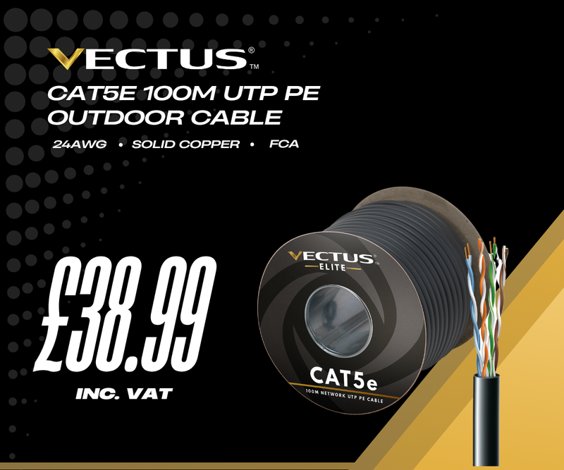 Vectus CAT5e cable packaging with price and product details on a black background
