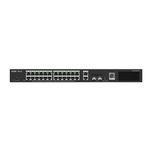 RG-ES228GS-P, front view, IP Switch, black, rectangular metal casing with a matte finish, 24 port POE+, 2 uplink port, 2 optic ports, rectangular air vent, QR code for adding cameras