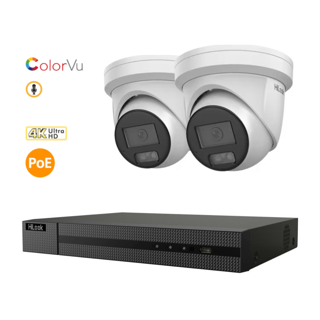 Two Hilook by Hikvision security cameras and a DVR with ColorVu branding on a white background