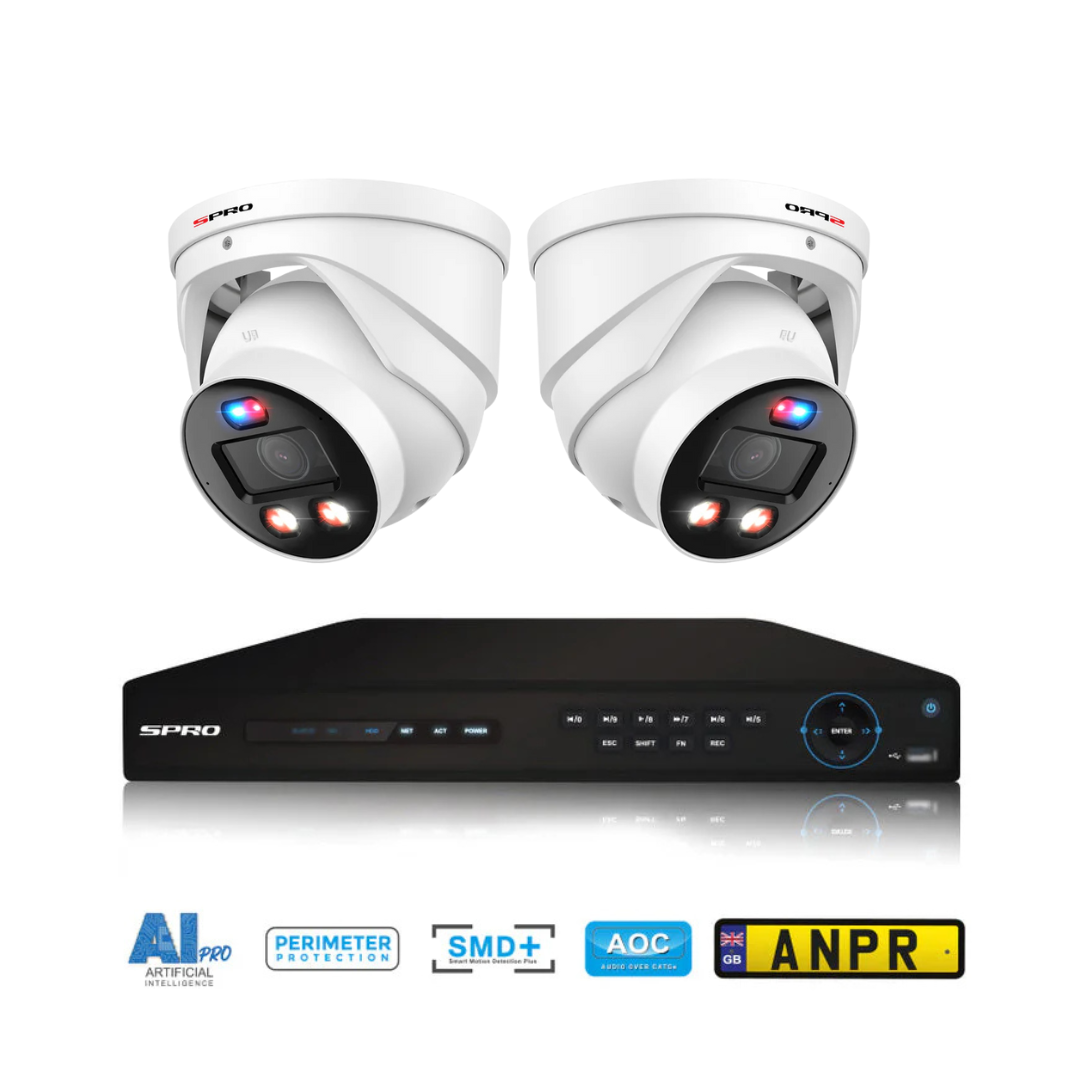 The Active Deterrence PRO Bundle with Two white SPRO Active deterrence PRO security cameras with an NVR and on a white background. including AI Pro Perimeter protection, smart motion detection, audio over coax and ANPR technology.