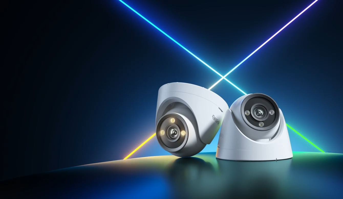 2 white turret reolink cameras with colourX capabilities