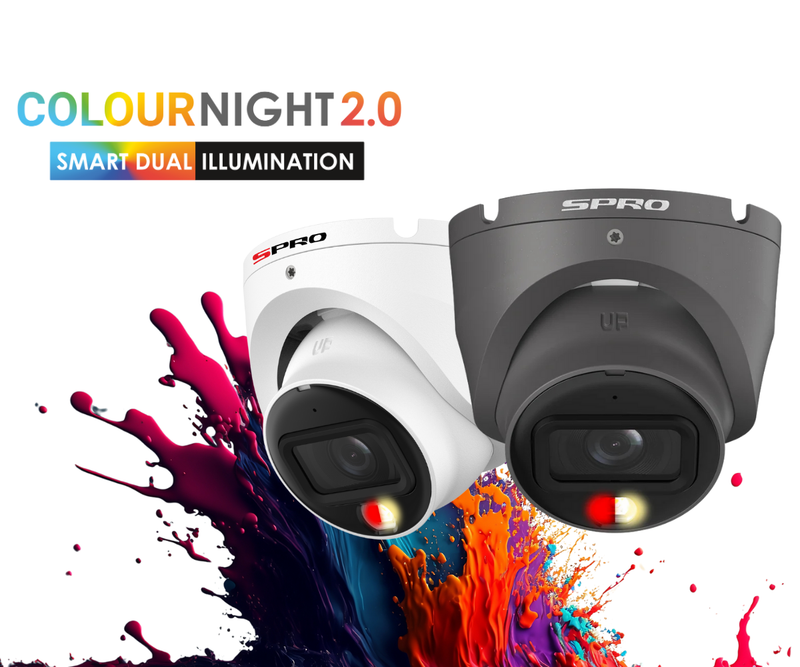 Two security cameras with 'Spro' branding against a colorful splatter background.