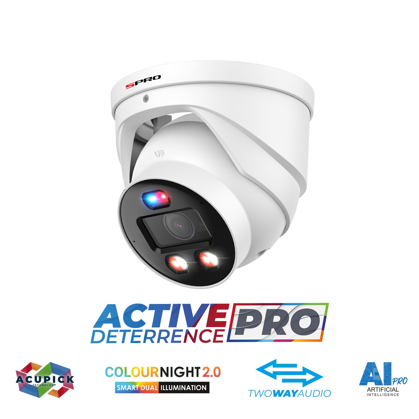 SPRO 8MP IP SPRO - Fixed Lens Active Deterrence PRO CCTV Camera (V5) With graphic for Smart Dual Illumination, AcuPick Technology, two way audio and AI pro features facing left