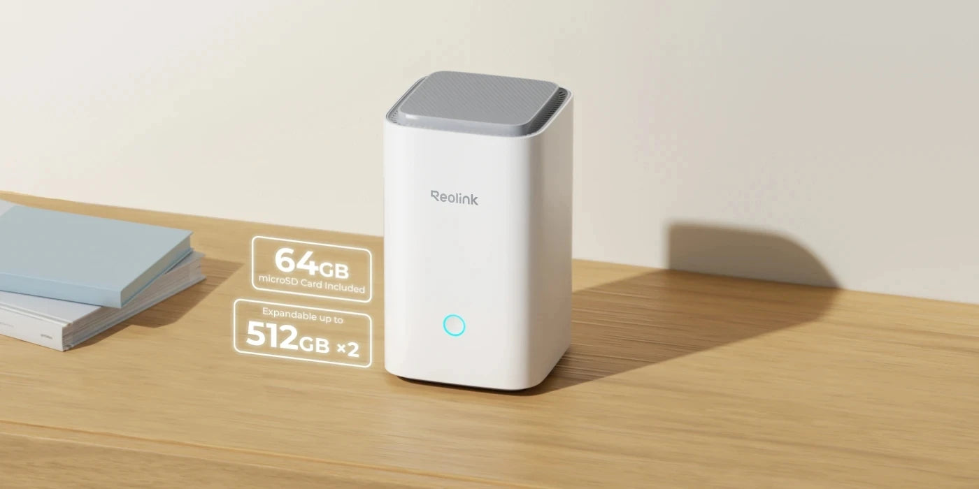 Home Hub on table with storage capacity graphic. 64gb micro SD card included. space for 2 x 512GB cards