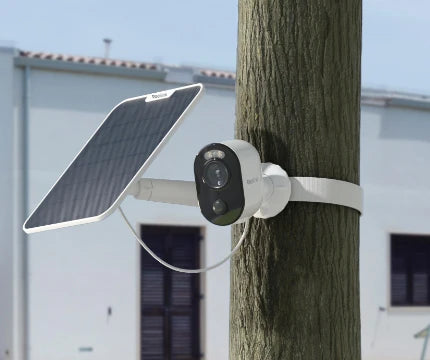 Reolink Argus 3E 3MP Wireless Solar & Battery Powered Security Camera with Smart Detection strapped to tree with solar panel