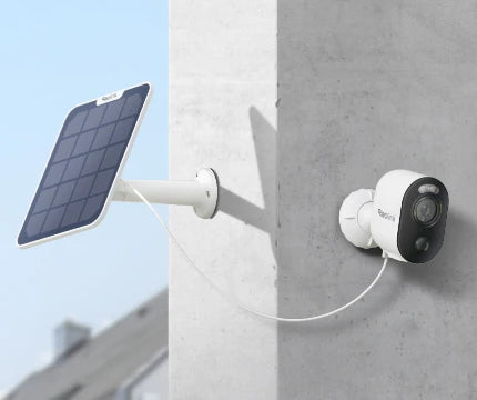 Reolink Argus 3E mounted on wall with solar panel