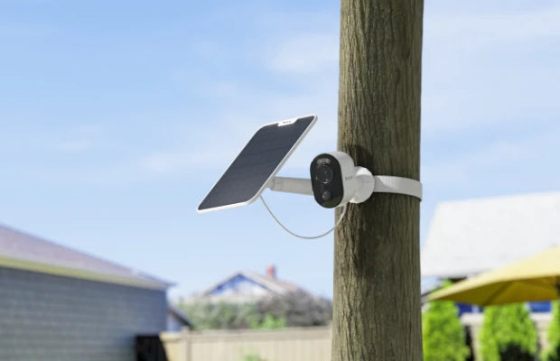 Reolink Argus 3 Ultra 4K Battery/Solar-Powered Standalone WiFi Camera with Color Night Vision tied to tree with solar panel