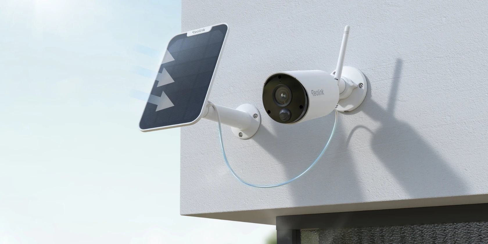Reolink Argus Eco Wire-Free Wireless Outdoor Battery/Solar-Powered Security Camera on external wall with solar panel