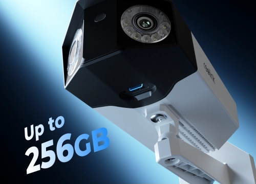 Reolink Duo 3 PoE
First 16MP UHD Dual-Lens PoE Security Camera with 180° Panoramic View displaying 256gb SD card slot on underside of camera