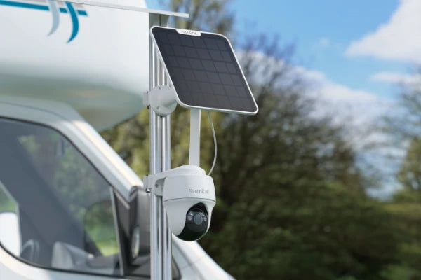 Reolink Go PT Ultra Smart 4K 8MP Wireless 4G LTE PT Battery Camera with Color Night Vision strapped to awning of campervan