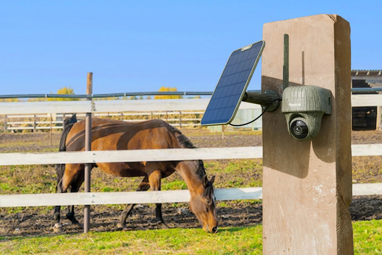 Reolink Go Ranger PT First 4K 4G LTE Wildlife Camera with 360° All-Around View mounted to post with solar panel look over horse paddock