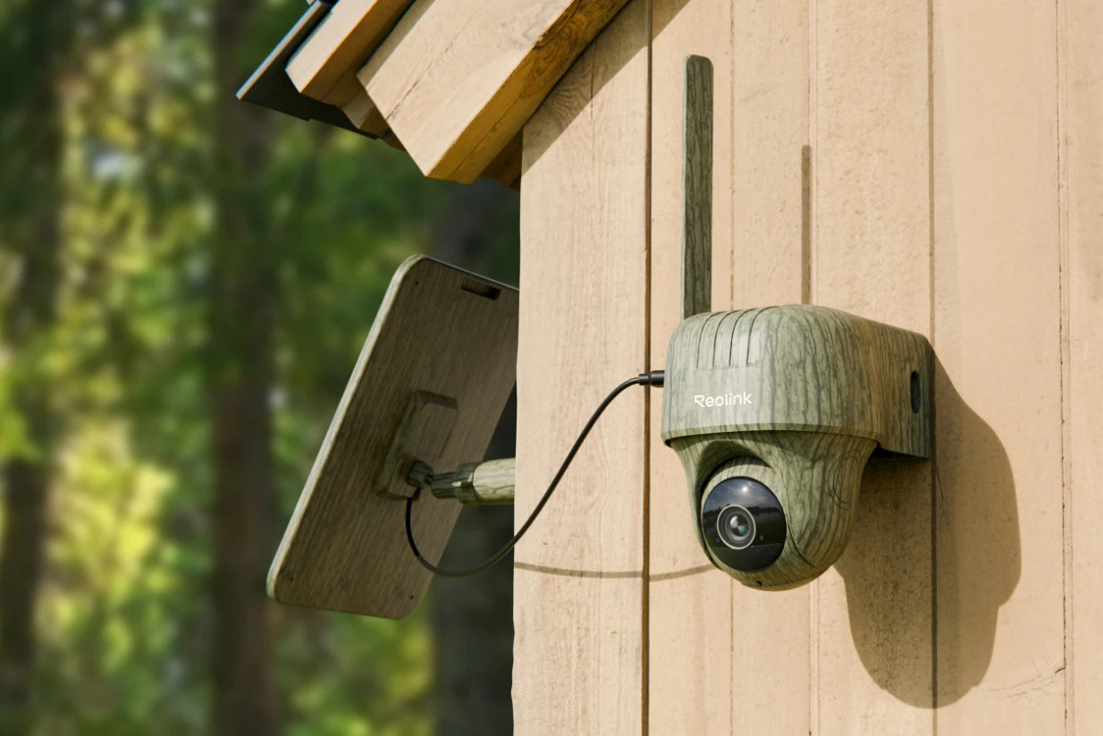 Reolink Go Ranger PT First 4K 4G LTE Wildlife Camera with 360° All-Around View Reolink Go Ranger PT First 4K 4G LTE Wildlife Camera with 360° All-Around View mounted to wooden building with solar panel