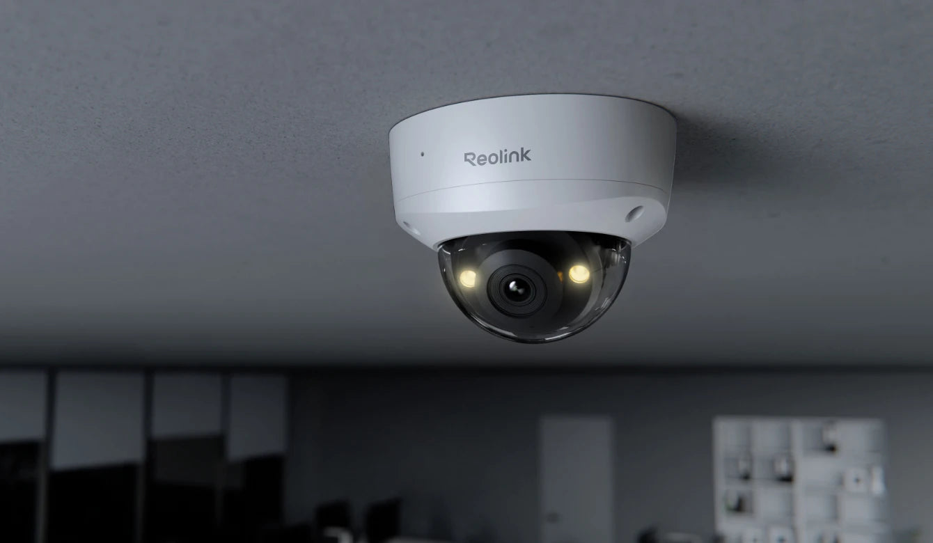 Reolink RLC-840A 4K IK10 Vandal-Proof PoE Camera in office mounted to the ceiling