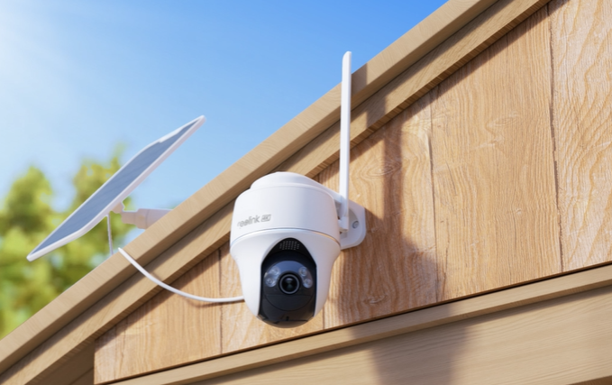 Reolink Go PT Ultra Smart 4K 8MP Wireless 4G LTE PT Battery Camera with Color Night Vision on wooden wall