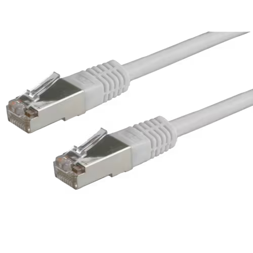 grey Ethernet cable with metal connectors on a white background
