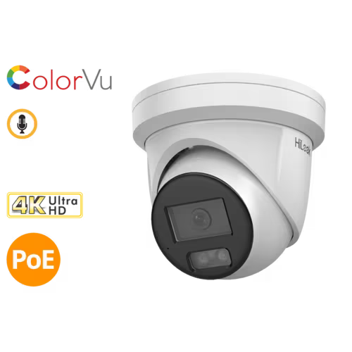Hilook by Hikvision CCTV camera with ColorVu branding and 4K Ultra HD and PoE features on a white background