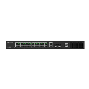 RG-ES228GS-P, front view, IP Switch, black, rectangular metal casing with a matte finish, 24 port POE+, 2 uplink port, 2 optic ports, rectangular air vent, QR code for adding cameras