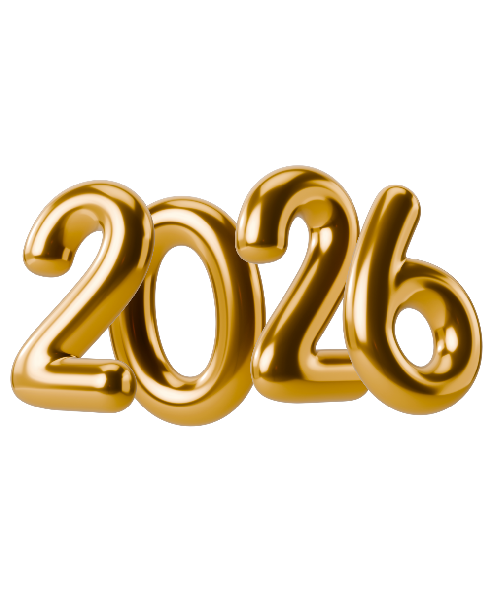 Gold-colored '2026' on a white background