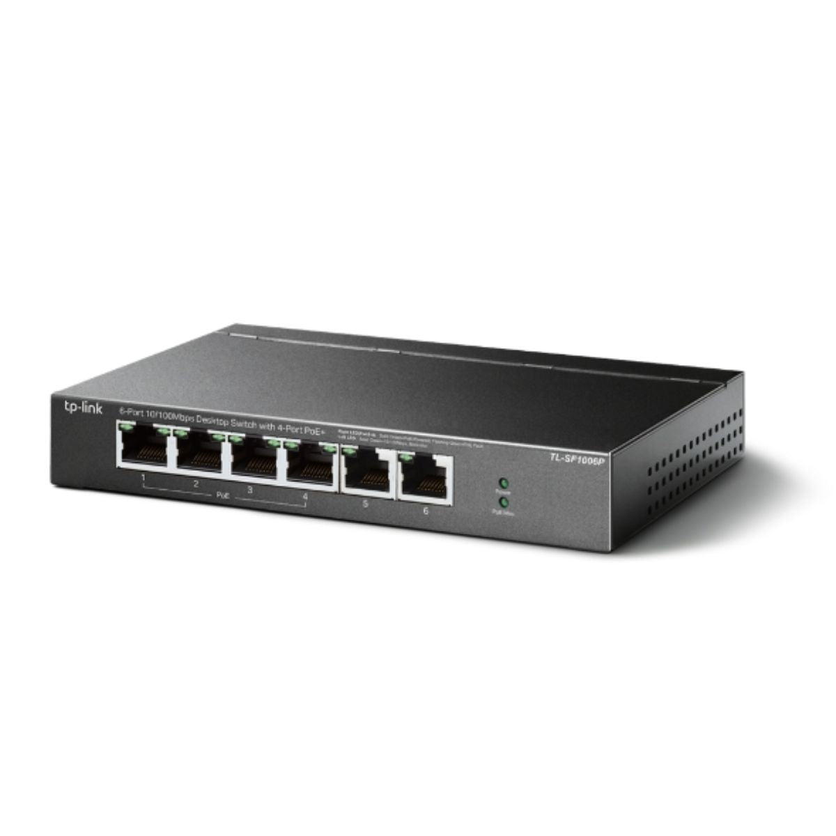 The TP-LINK TL-SF1006P is a 6-port unmanaged desktop PoE (Power over Ethernet) switch that provides power and data over a single Ethernet cable
