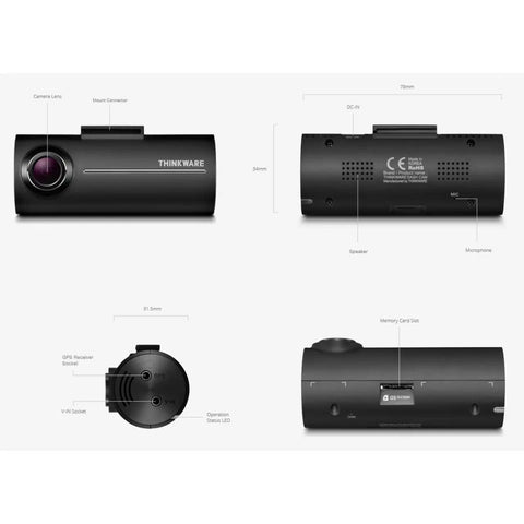 Camere Lens Mount Connector THINKWARE 31.5mm GPS Receiver Socket VIN Sockes Operation Status LED 78mm DC-IN 34mm CE KOREA RoHS THINKWARE DASH CAM Manufactured by THAOAARE MIC Speaker Microphone Memory Card Slot