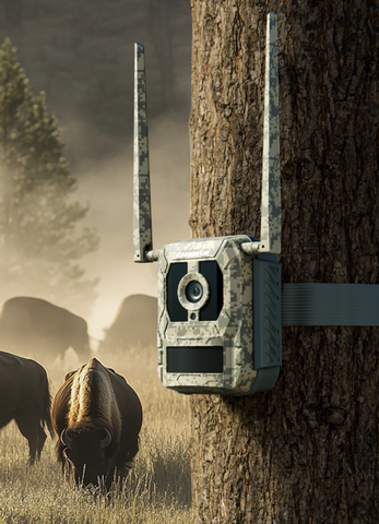 Reolink Talon Pro 4K 4G LTE Game and Trail Camera with Live View & Starlight Night Vision strapped on tree in the wild with buffalo in the background