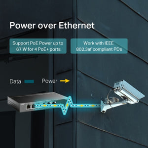 6× 10/100 Mbps RJ45 ports 4× PoE+ ports transfer data and power on individual cables Works with IEEE 802.3af/at compliant PDs Up to 250m data and power transmitting range under Extend Mode** Priority Mode ensures high priority of ports 1–2 to guarantee the quality of sensitive application Supports PoE Power up to 30 W for each PoE port Supports PoE Power up to 67 W for all PoE ports Plug and play with no configuration required 