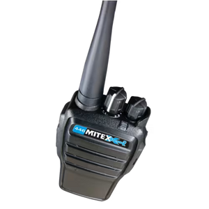 Black handheld radio with 'MITEX' branding on a white background