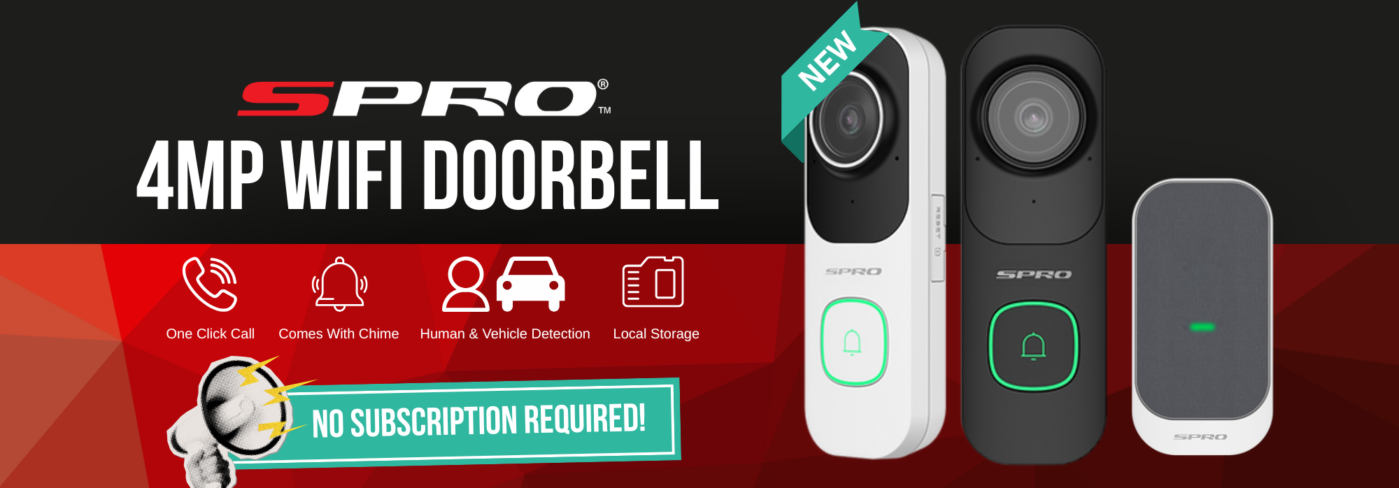 New SPRO 4MP WIFI DOORBELL in black & white and a chime with human and vehicle detection, local storage, one click call, comes with chime & no subscription required graphics. 