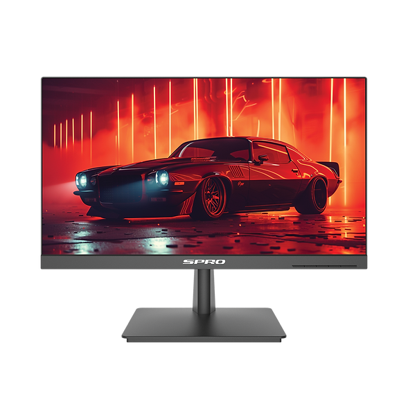 A black SPRO monitor with a stand, displaying a red and black cyberpunk car wallpaper on a clean white background.