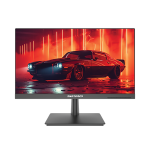 A black SPRO monitor with a stand, displaying a red and black cyberpunk car wallpaper on a clean white background.