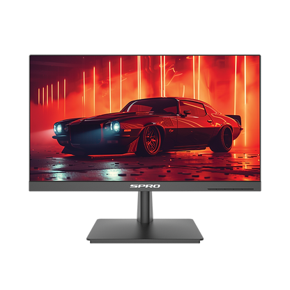 A black SPRO monitor with a stand, displaying a red and black cyberpunk car wallpaper on a clean white background.