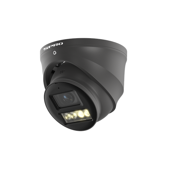 A dome-style security camera with a charcoal grey housing, featuring a visible lens, IR LED light bar, and the white brand name 'SPRO' on the top rim, shown against a plain white background.