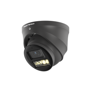 A dome-style security camera with a charcoal grey housing, featuring a visible lens, IR LED light bar, and the white brand name 'SPRO' on the top rim, shown against a plain white background.