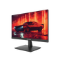 A black SPRO monitor with a wide screen, shown at a three-quarter angle on a white background. The screen displays a vibrant red and orange graphic of a classic muscle car.