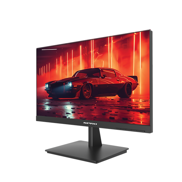 A black SPRO monitor with a wide screen, shown at a three-quarter angle on a white background. The screen displays a vibrant red and orange graphic of a classic muscle car.