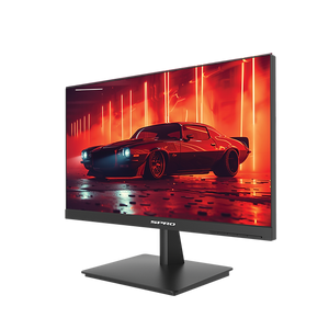 A black SPRO monitor with a wide screen, shown at a three-quarter angle on a white background. The screen displays a vibrant red and orange graphic of a classic muscle car.