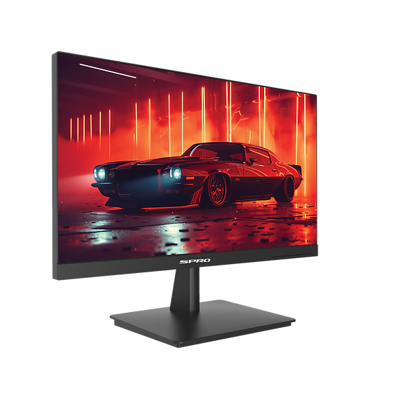 A black SPRO monitor with a wide screen, displaying a red and black custom muscle car on the screen, set against a plain white background.