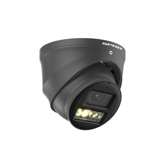A dome-style security camera with a charcoal grey housing, featuring a visible lens, IR LED light bar, and the white brand name 'SPRO' on the top rim, shown against a plain white background.