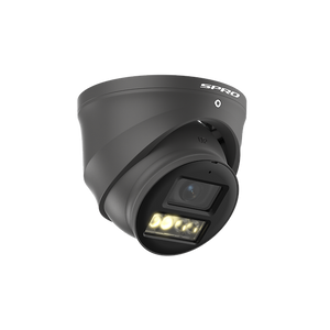 A dome-style security camera with a charcoal grey housing, featuring a visible lens, IR LED light bar, and the white brand name 'SPRO' on the top rim, shown against a plain white background.