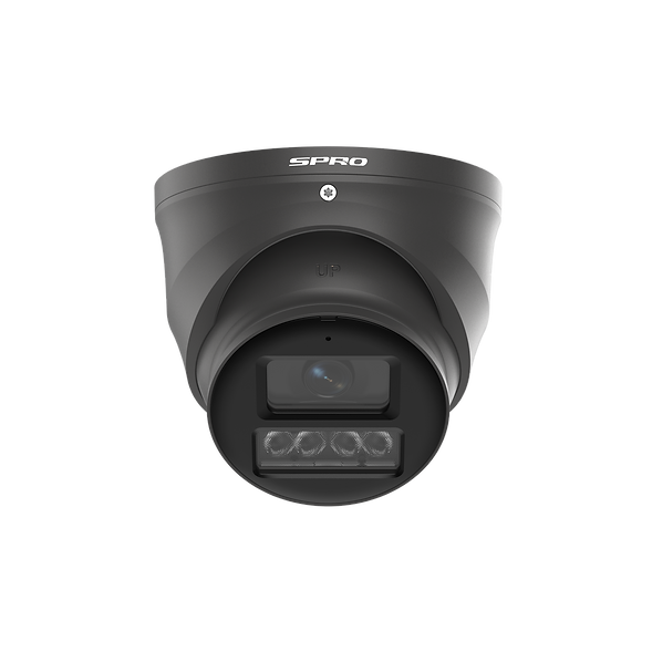 A black dome security camera with 4 LED lights and a white SPRO logo on the top, shown against a solid white background.