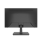 The rear view of a black computer monitor with its stand, shown against a solid white background.