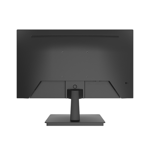 The rear view of a black computer monitor with its stand, shown against a solid white background.