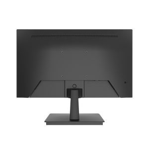 The rear view of a black computer monitor with its stand, shown against a solid white background.