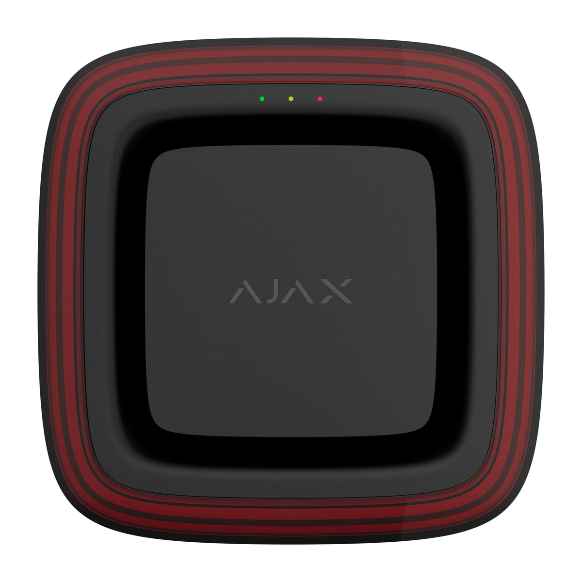 A square black electronic device with rounded corners, featuring a red striped border and the word 'AJAX' printed in gray in the center, shown against a plain white background. there are 3 lights one in red yellow and green, at the top of the face