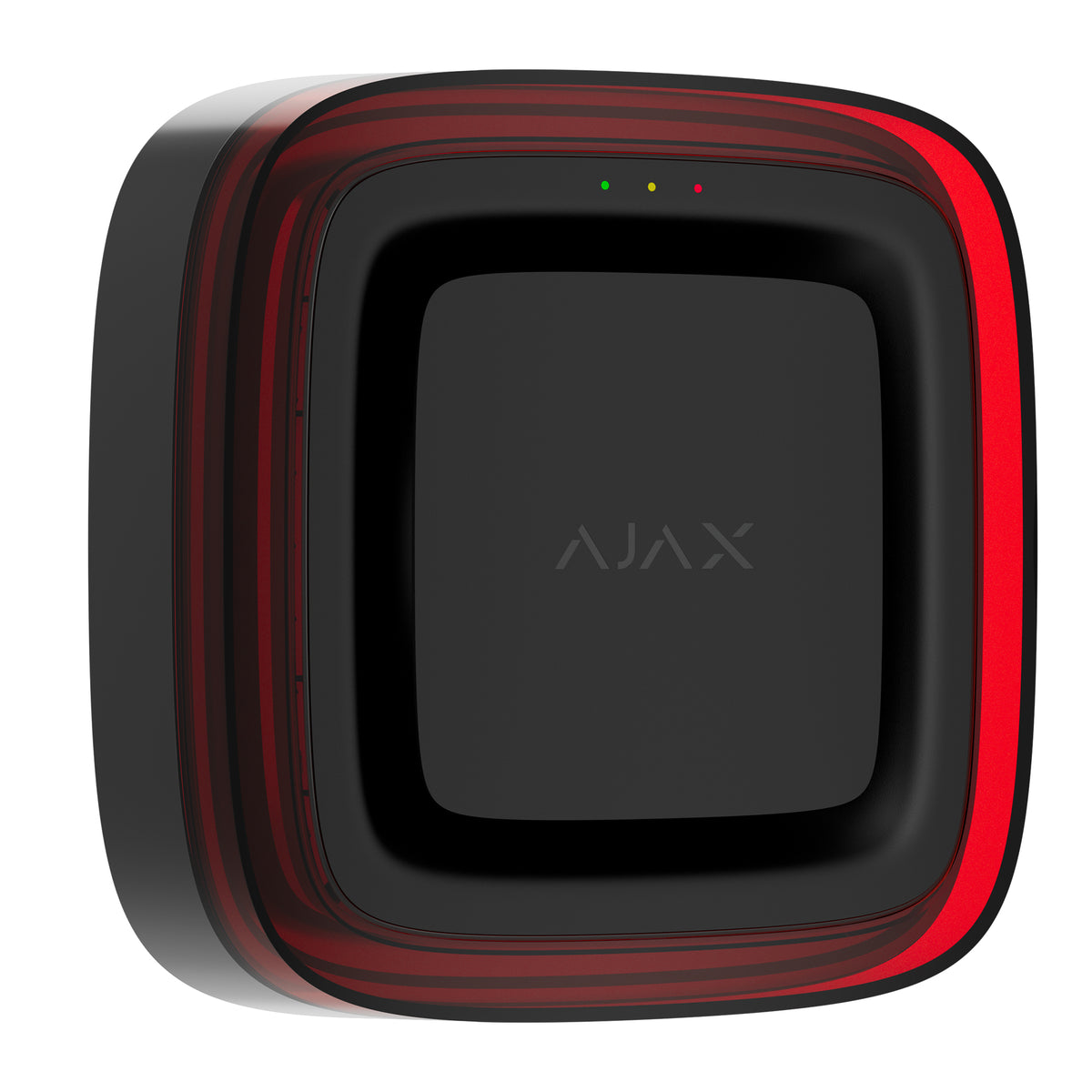 A square black electronic device with rounded corners, featuring a red illuminated border and the word 'AJAX' printed in gray on the front, shown on a plain white background.