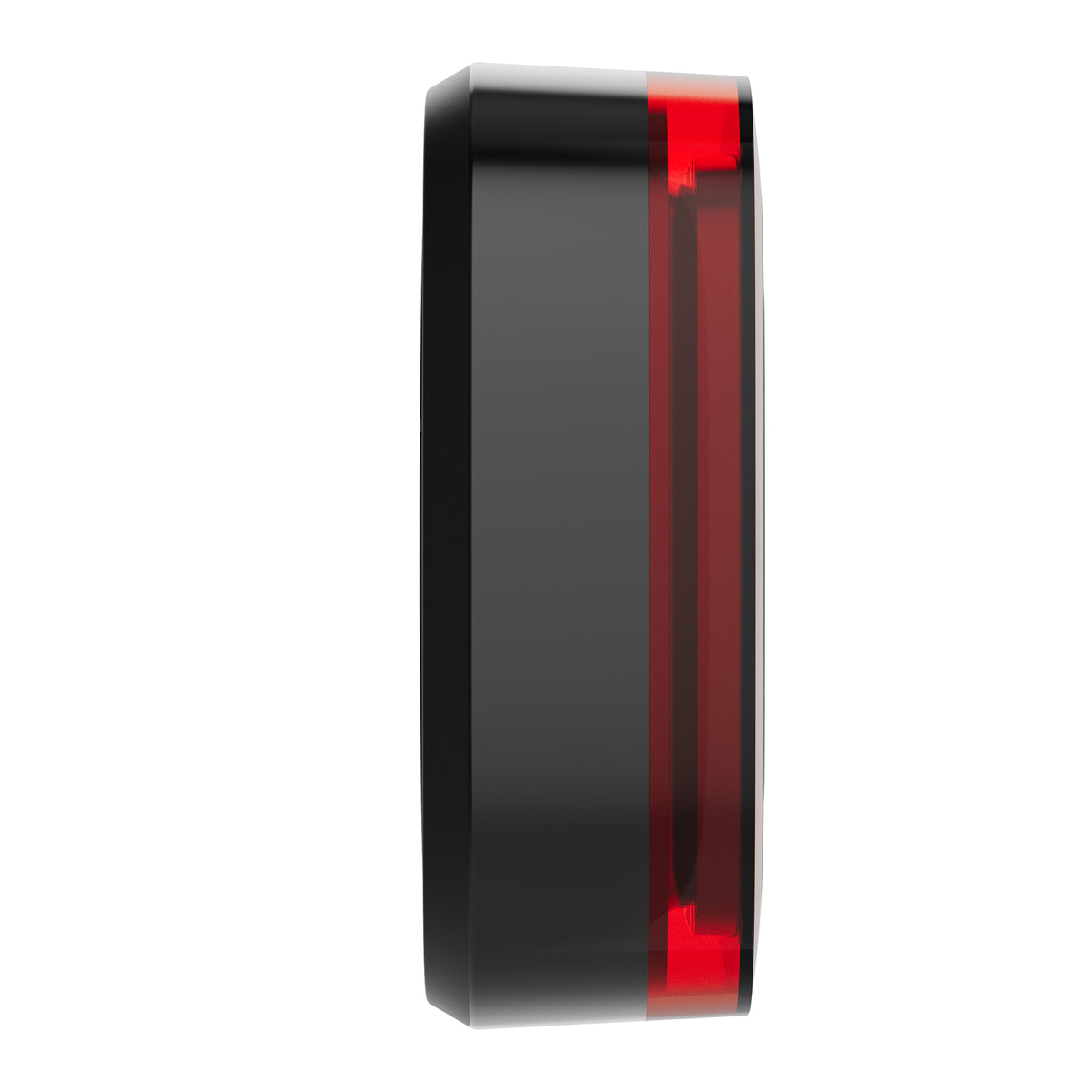 A close-up side view of a black square product, featuring a prominent red translucent border on the front face 
