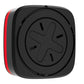A black square electronic device with rounded corners, featuring a circular recessed panel with a star-like cutout design in the center and a red accent stripe along the back face, shown on a plain white background.