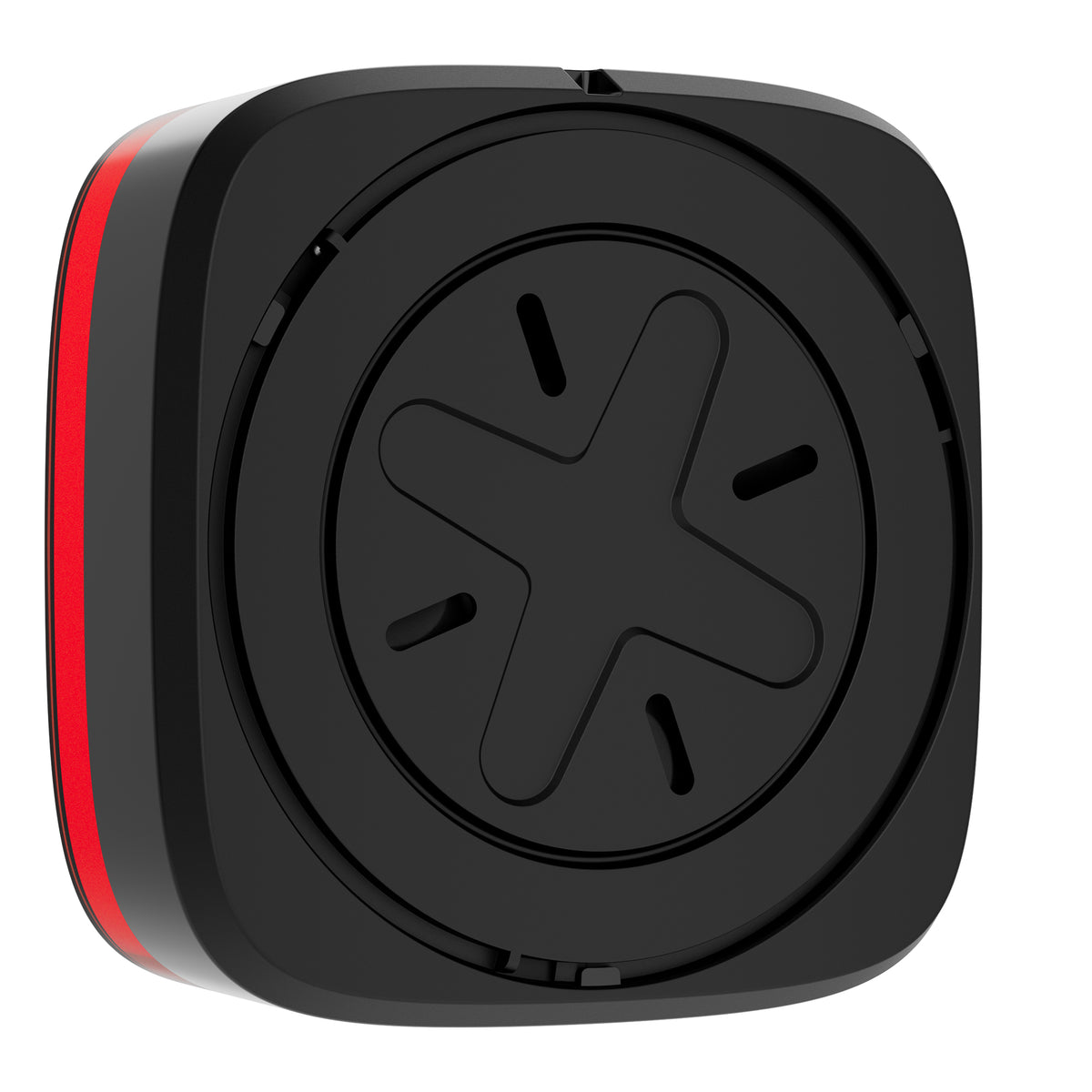 A black square electronic device with rounded corners, featuring a circular recessed panel with a star-like cutout design in the center and a red accent stripe along the back face, shown on a plain white background.